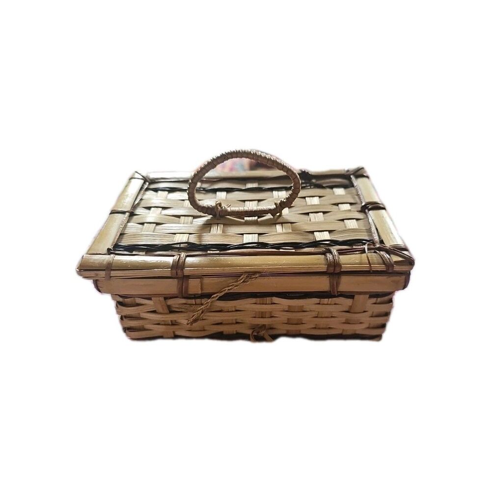 Vintage Small Miniature Wicker Woven Basket With Lid & Latch